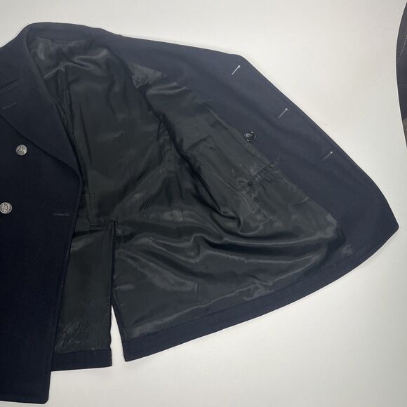 Vintage 1970s Navy Black Wool Peacoat Overcoat Pewter Buttons 38R - Picture 5 of 12